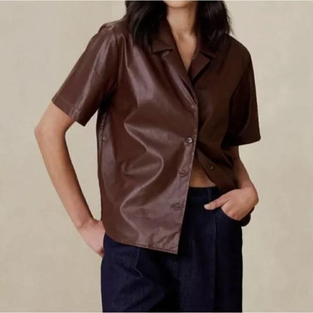 NWT Banana Republic Factory Brown Faux Leather Button Front Short Sleeve Top XL